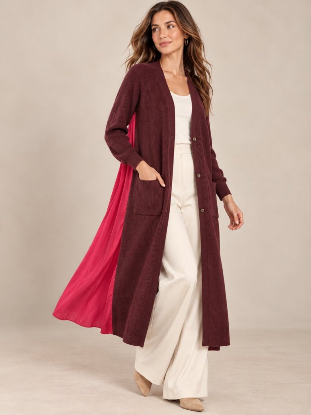 Anthropologie Long Twofer Cardigan Sweater Burgundy Pink Draped Back Small